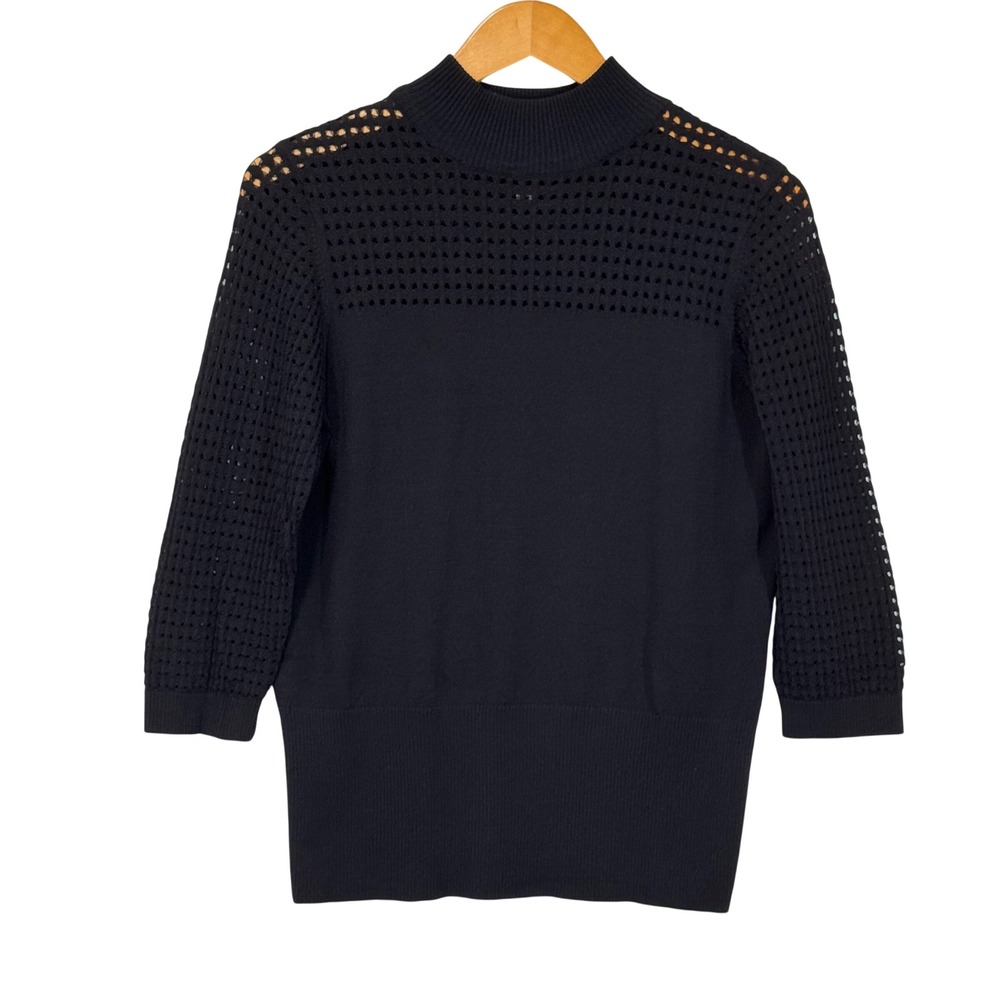Lauren Michelle Sweater Top Womens M Black Mock Neck Crochet Knit Top Old Money